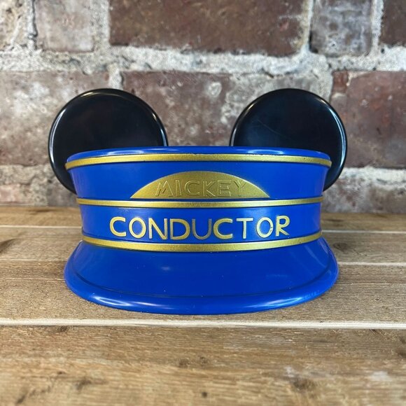 Disney Kids Mickey Mouse Ears Train Conductor Hard Shell Hat Blue & Gold - Picture 1 of 6